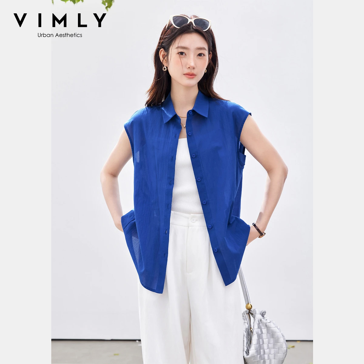 VIMLY Blus Tanpa Lengan Kantor - Shirt Camp Collar ulasan dan harga